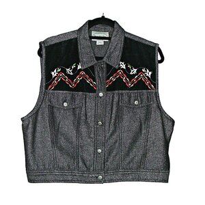 Stonebridge Women XL Vest Black/Gray Embroidery Velour Floral Western Denim Snap